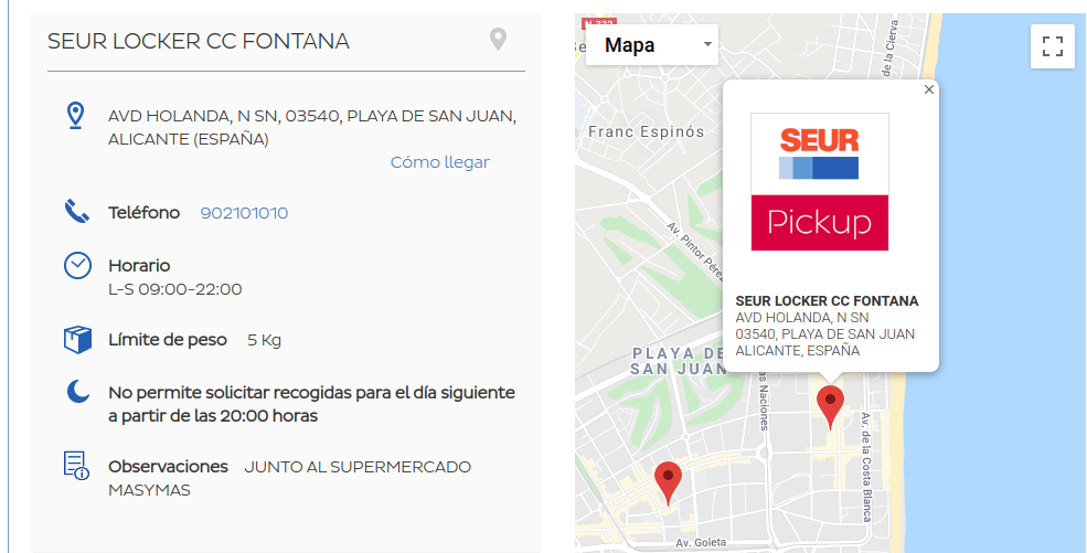 Localización en mapa de Taquilla inteligente para recogida de paquetería en punto SEUR Pickup