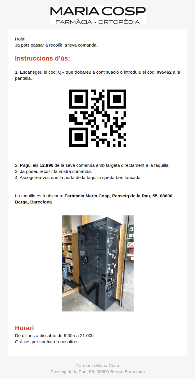 Email de aviso a los clientes de la farmacia Maria Cosp