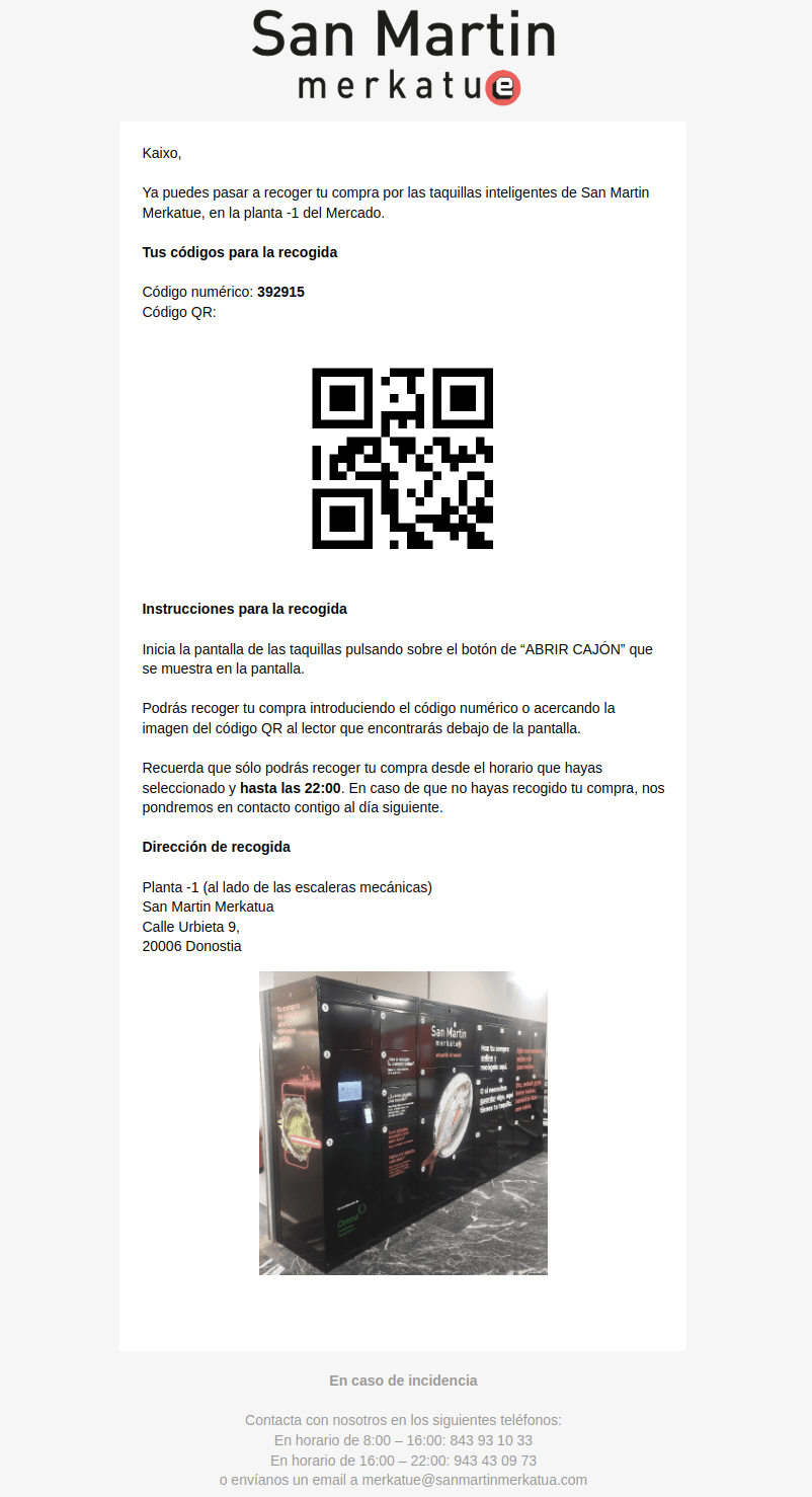 Email de notificación a los clientes desde la taquilla Click&Collect de mercado San Martín